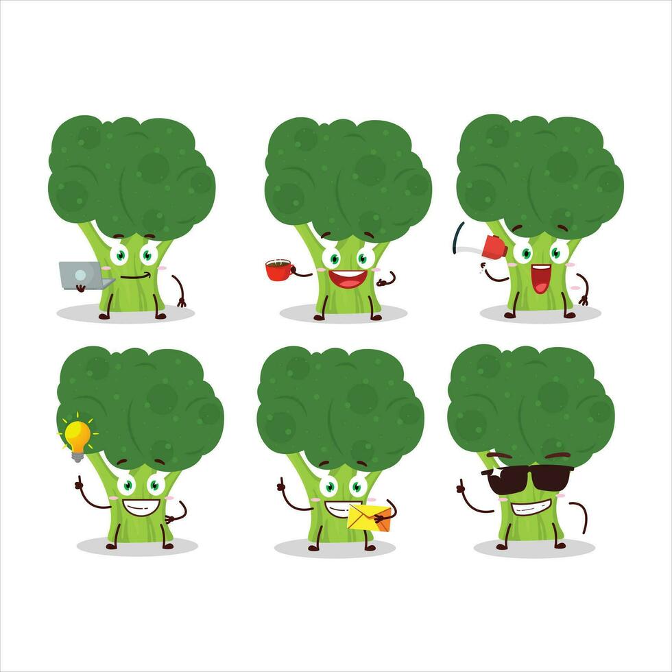 brocoli dibujos animados personaje con varios tipos de negocio emoticones vector