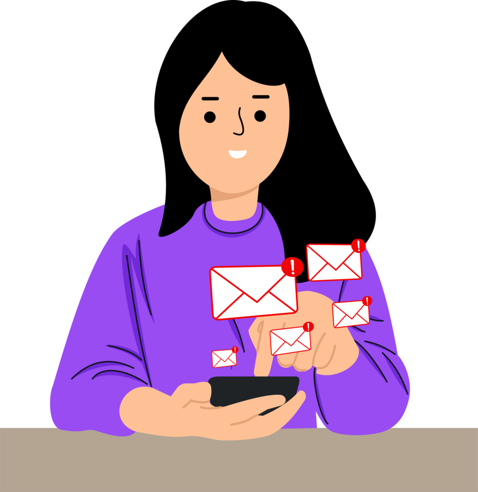 woman checking email inbox serves alert notifications. Cautionary measures ensure protection from junk and trash mail png