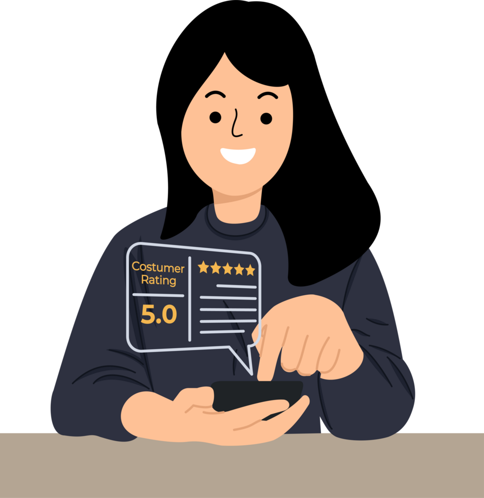 woman doing costumer review satisfaction feedback survey concept user give a 5 stars rating png