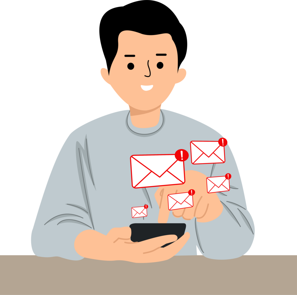 man checking alert Email inbox and spam virus with warning caution notification png