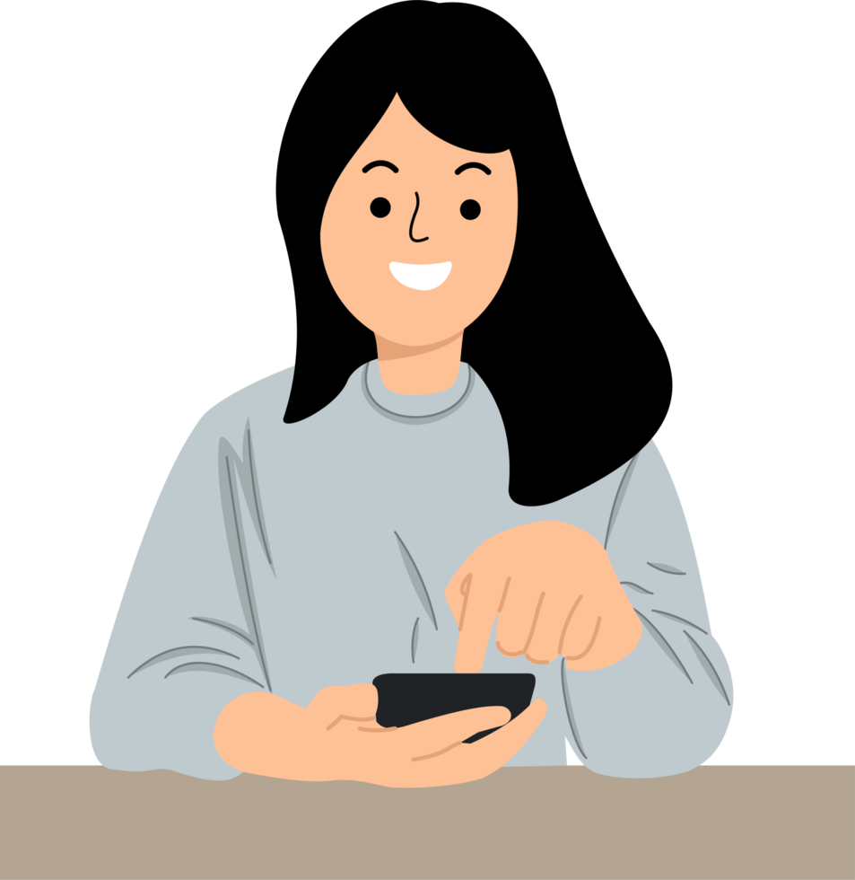 casual woman with a finger on the screen using a mobile phone in the office png