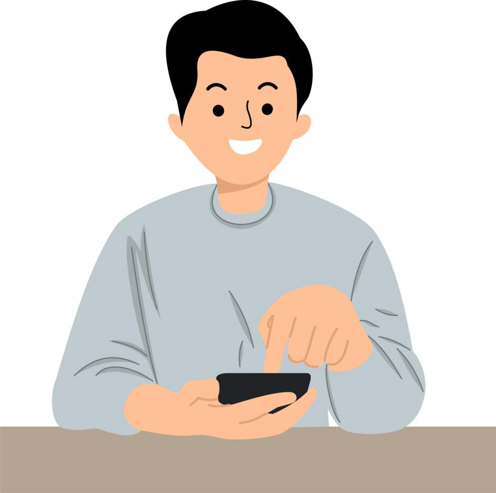 Man with a finger on the screen using a mobile phone in the office png