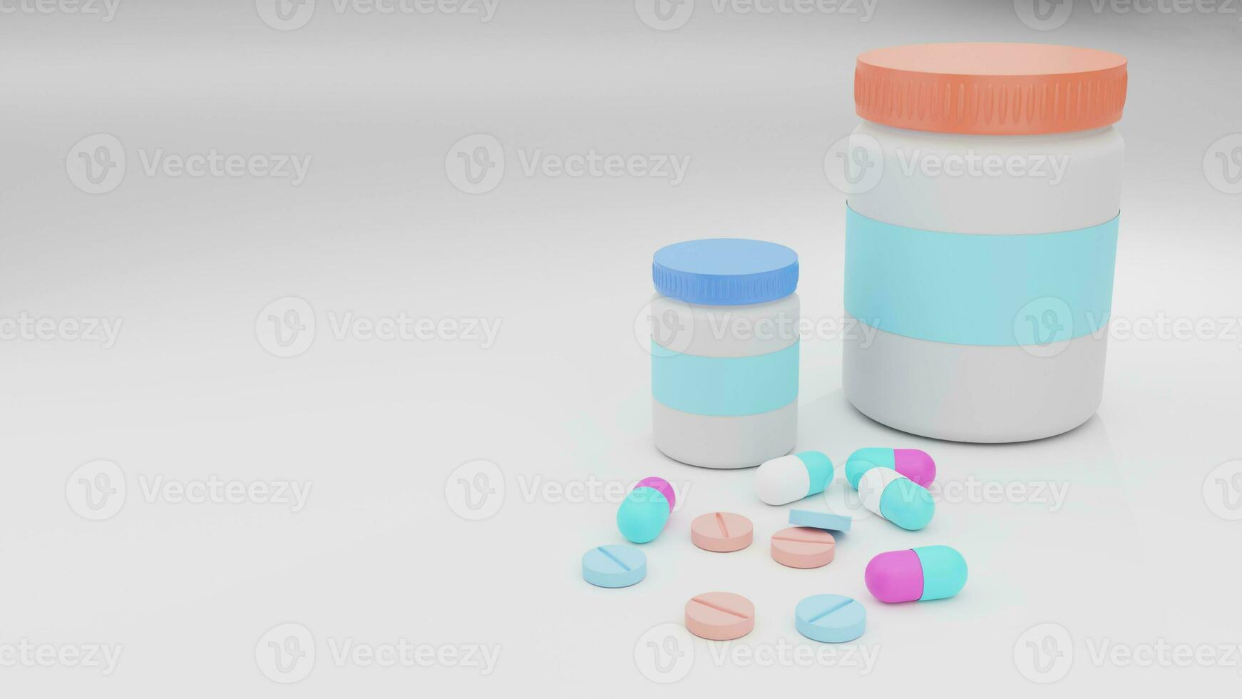 3D render of medicine bottle, pills, tablet and capsule, Medical treatment, medicines for pain relief photo