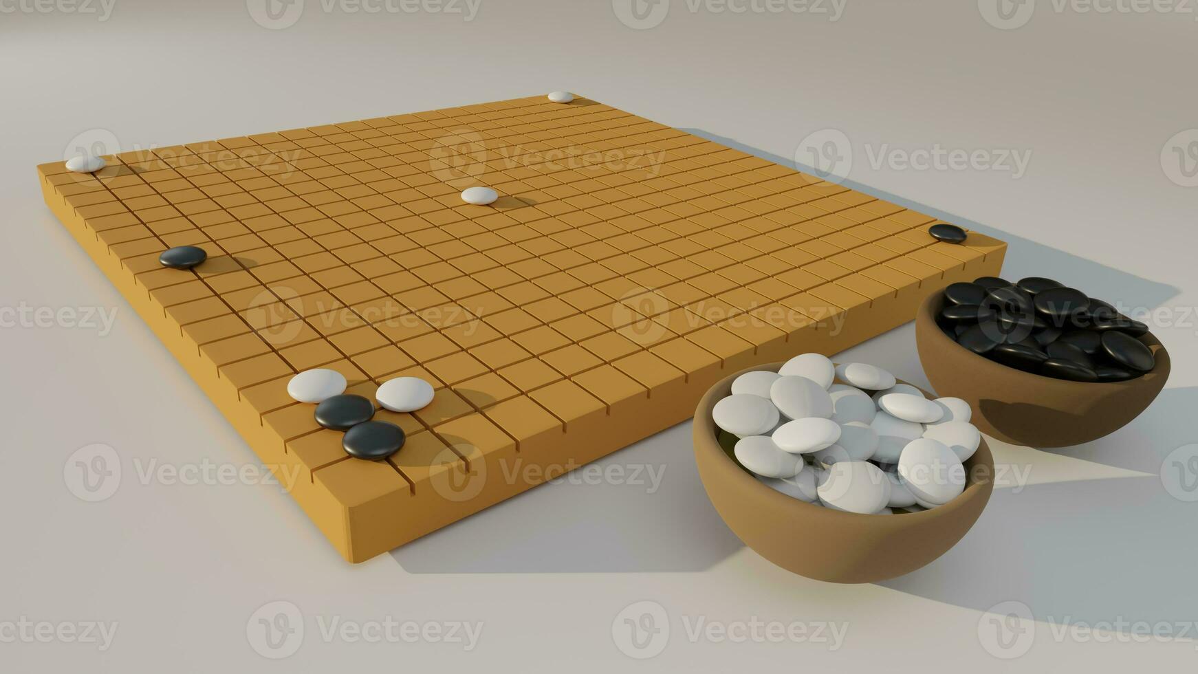 3D rendering of Go, igo, Wei Chi or WeiQi, Japanese boardgame, black and white go stones in bowls with board under soft light photo