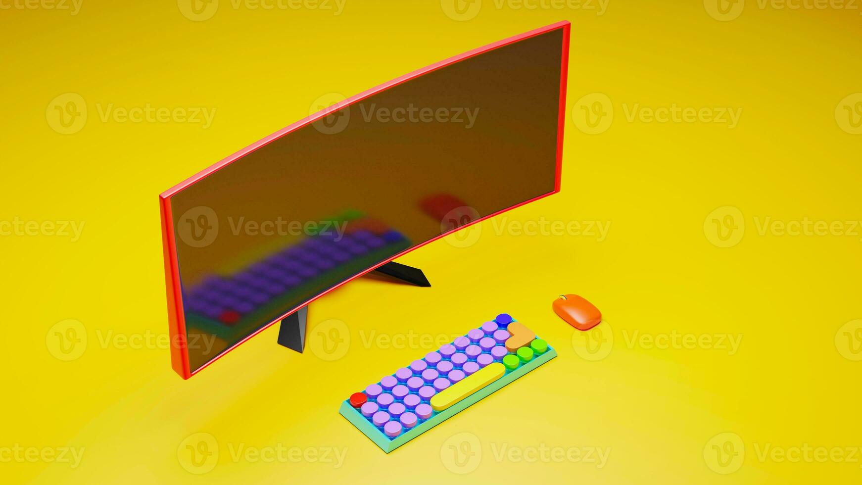 3D rendering of widescreen display, keyboard and mouse, computer for working and gaming, online technology concept photo