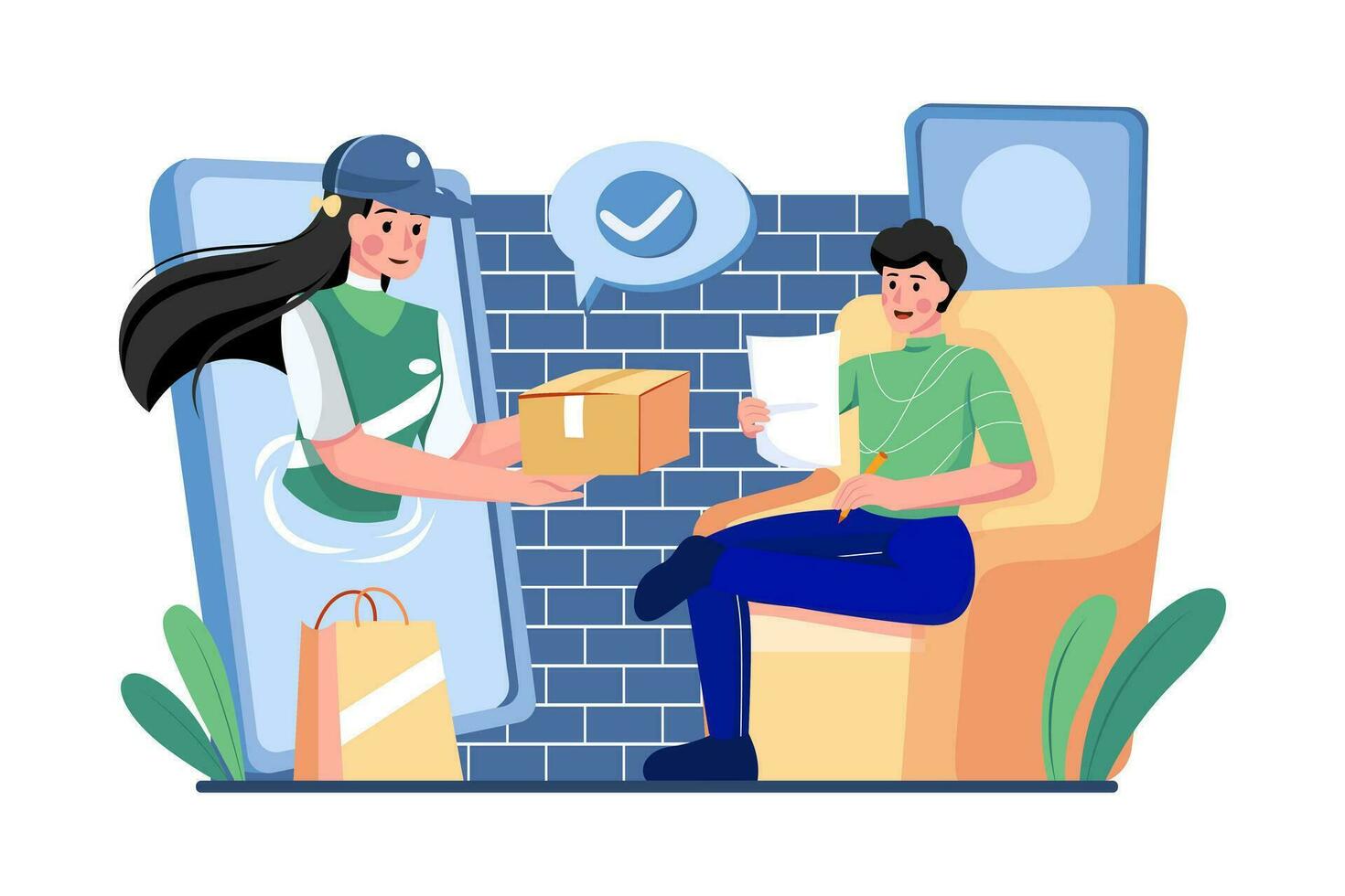 Women receive a package appear from screen phone by courier at home vector