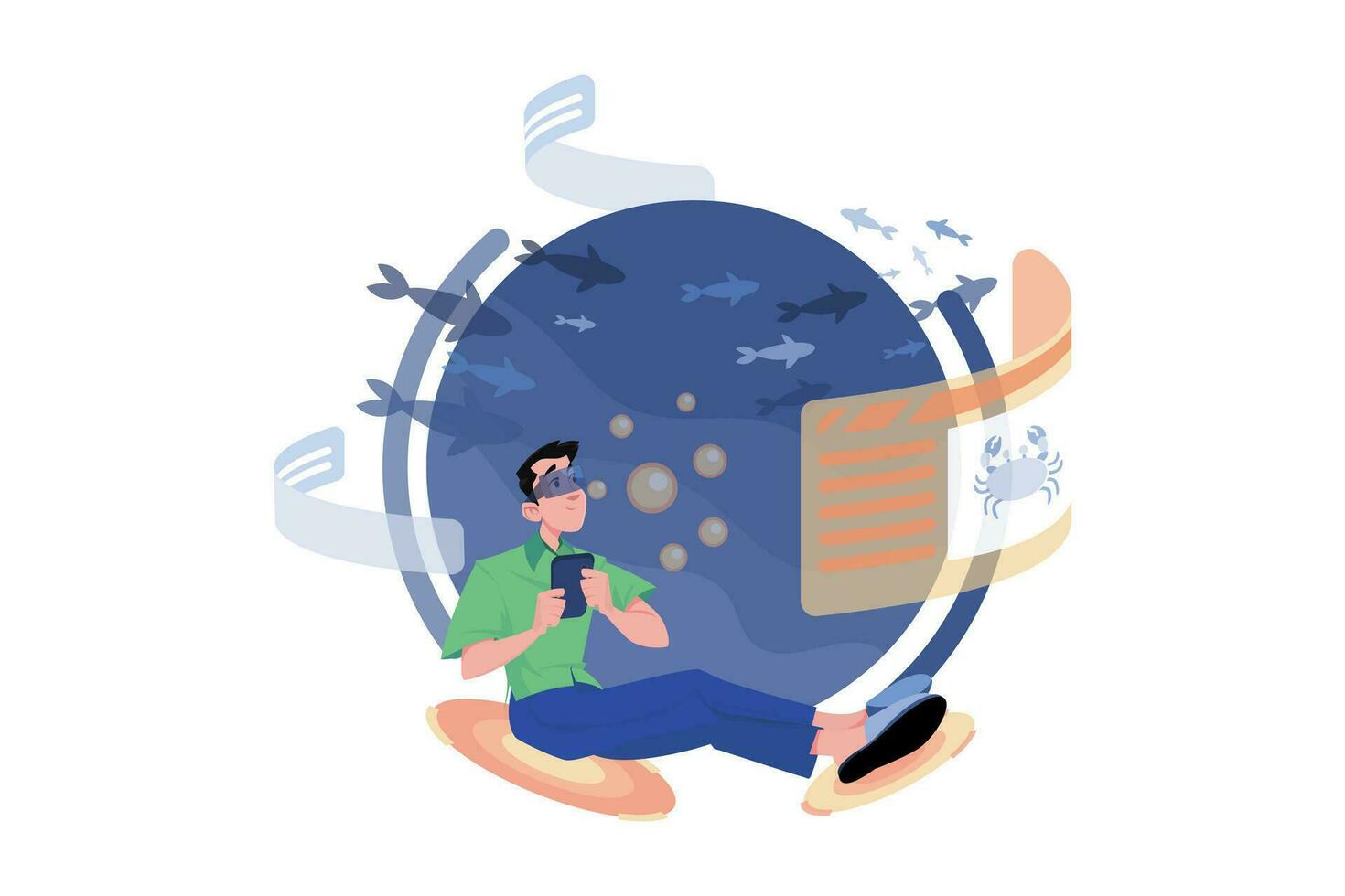 Man experiencing virtual sea tour in the metaverse vector