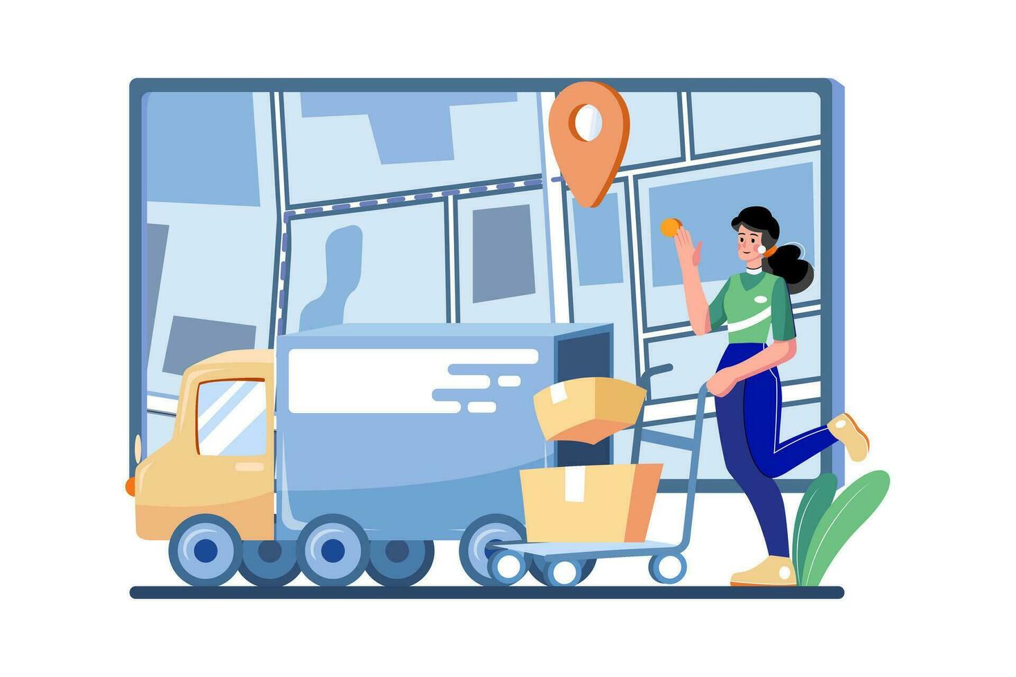 Delivery truck with man is carrying parcels on points vector