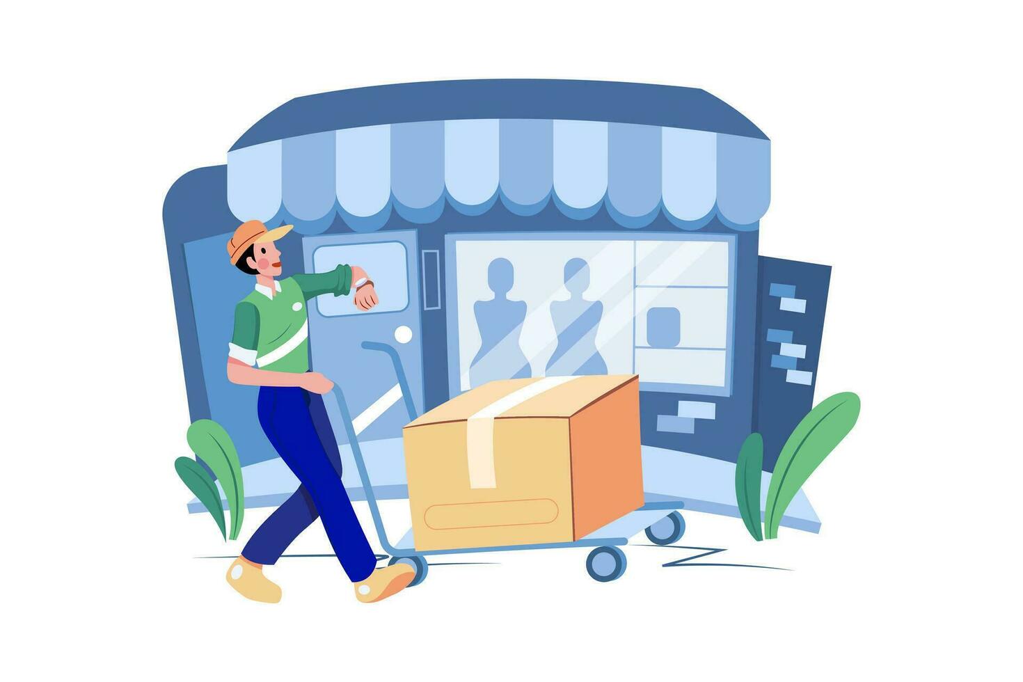 Caucasian deliveryman wheeling trolley with carton boxes vector