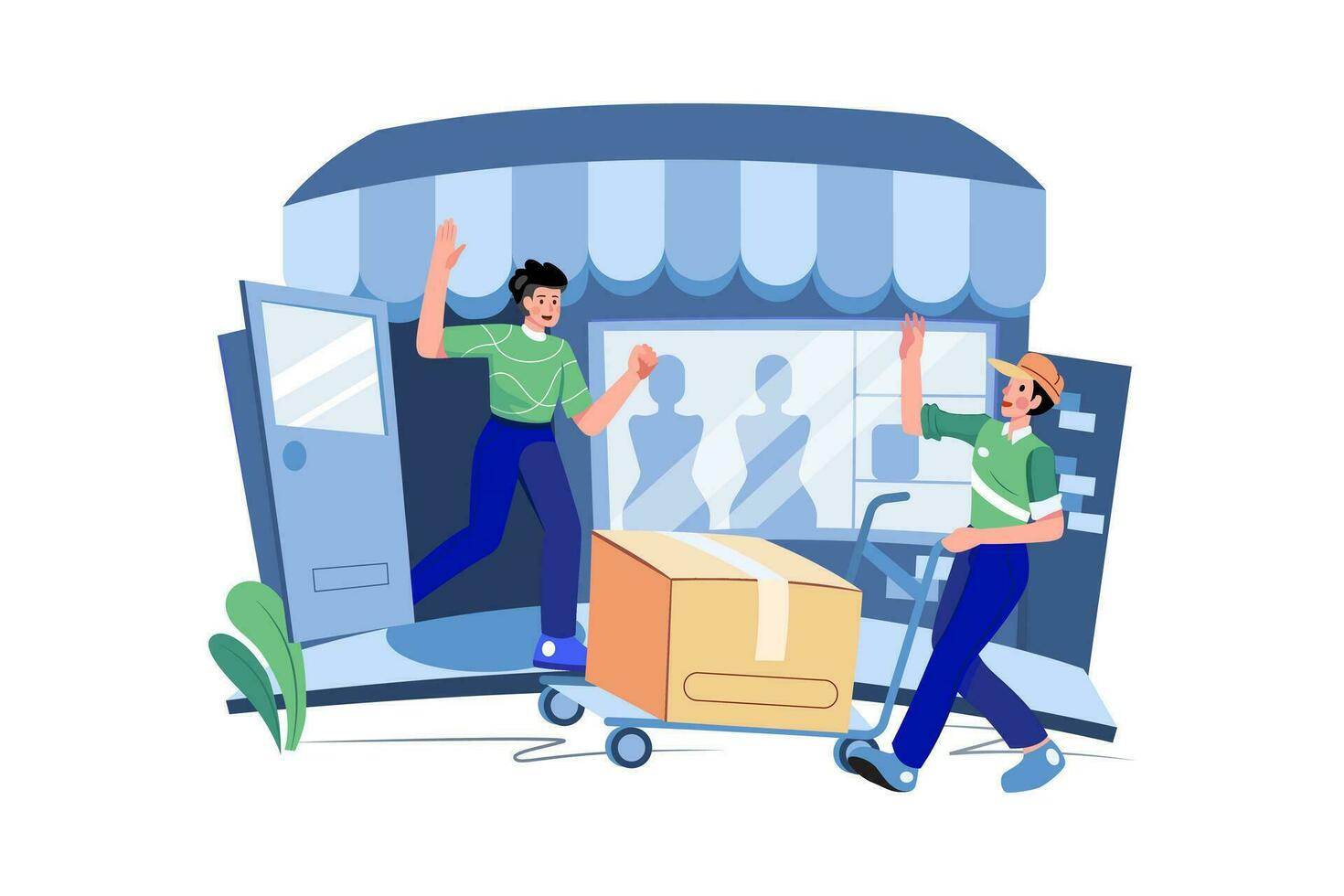 Delivery man pushes hand truck trolley full of cardboard boxes hands package to a customer. vector