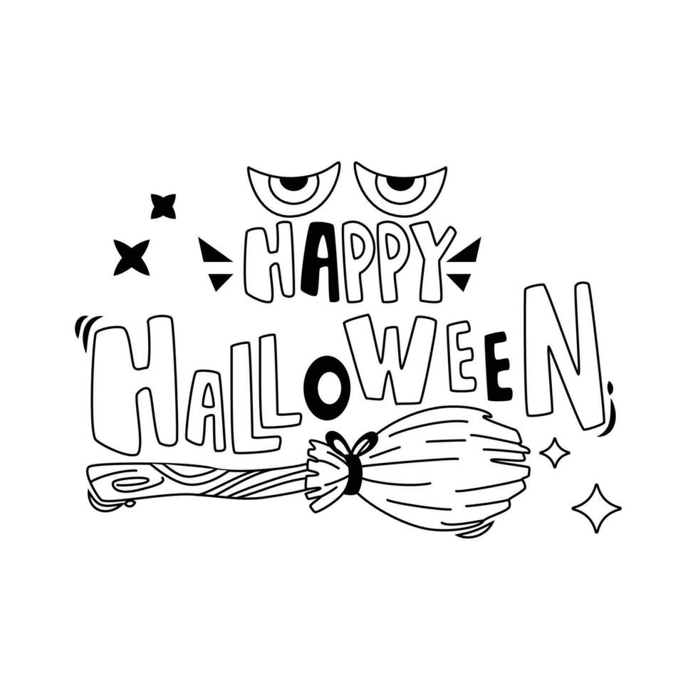 Halloween cartoon elements and lettering. Happy Halloween. Line art. vector