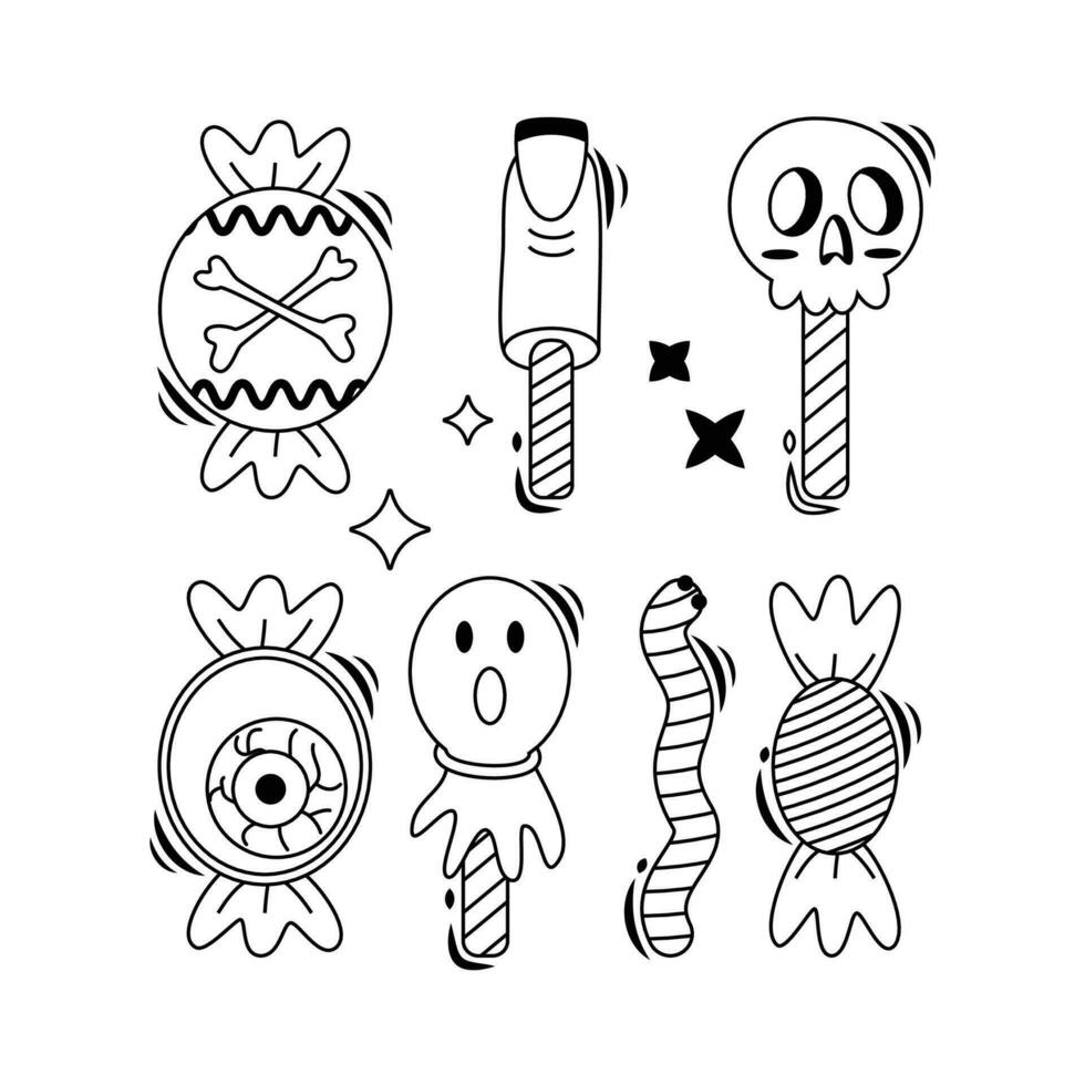 Halloween cartoon elements. Scary candies. Line art. vector