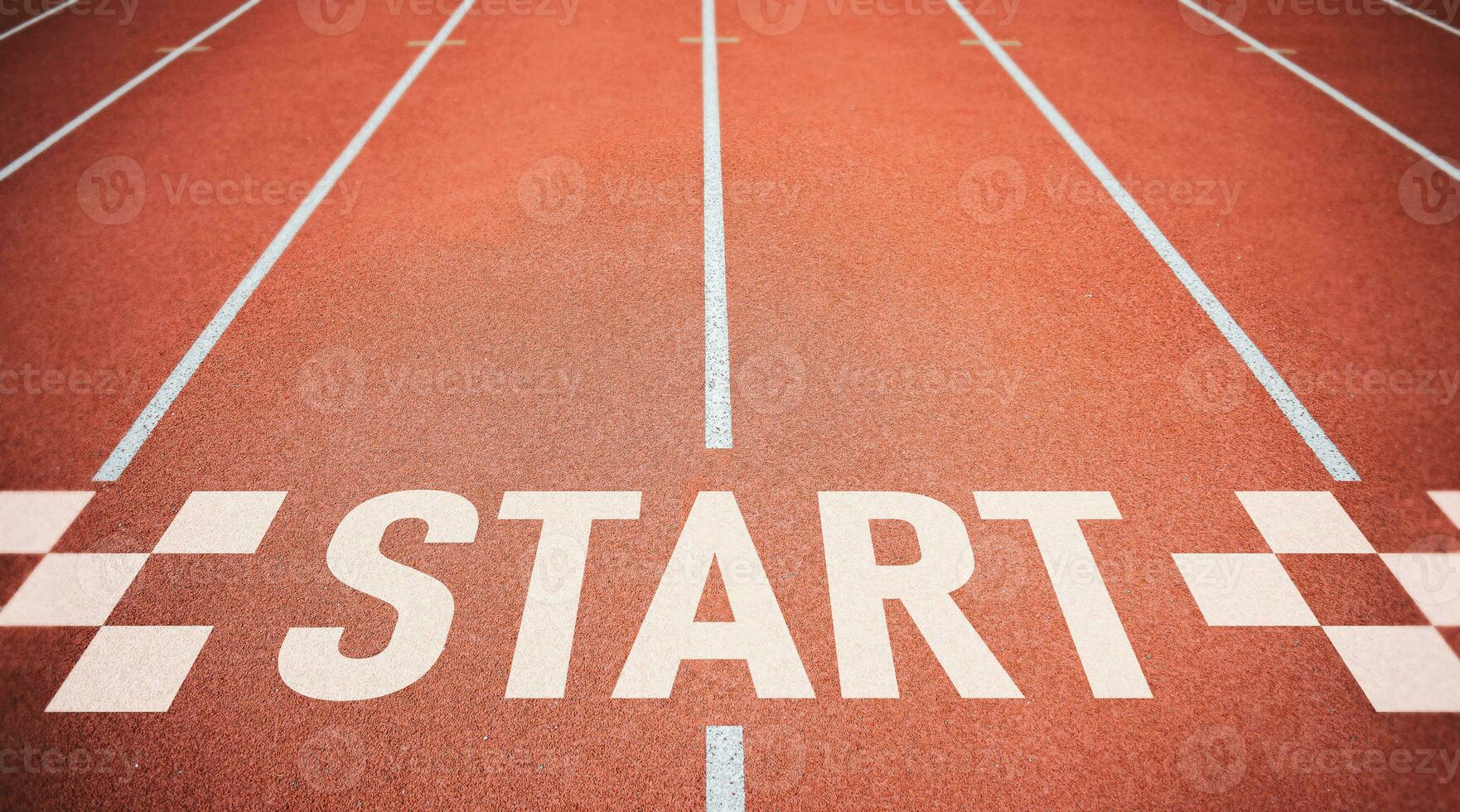 Start point on Running track. Concept of business competition, planning for business startup, strategies, and challenges or career paths with opportunities and changes. photo