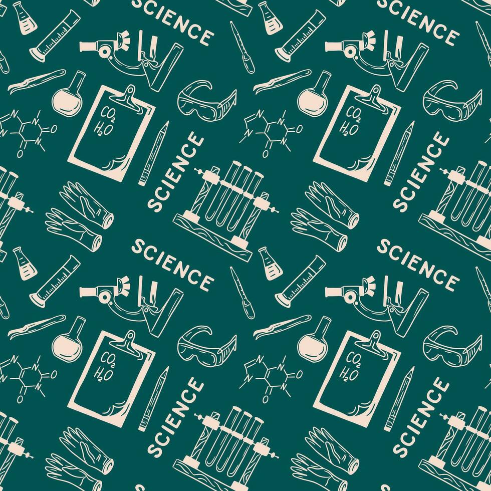 Flat doodle seamless pattern with science elements. Minimalistic sketch hand drawn design. White isolated science items on green background. Ideal for decoration, textile, wrapping paper, background vector