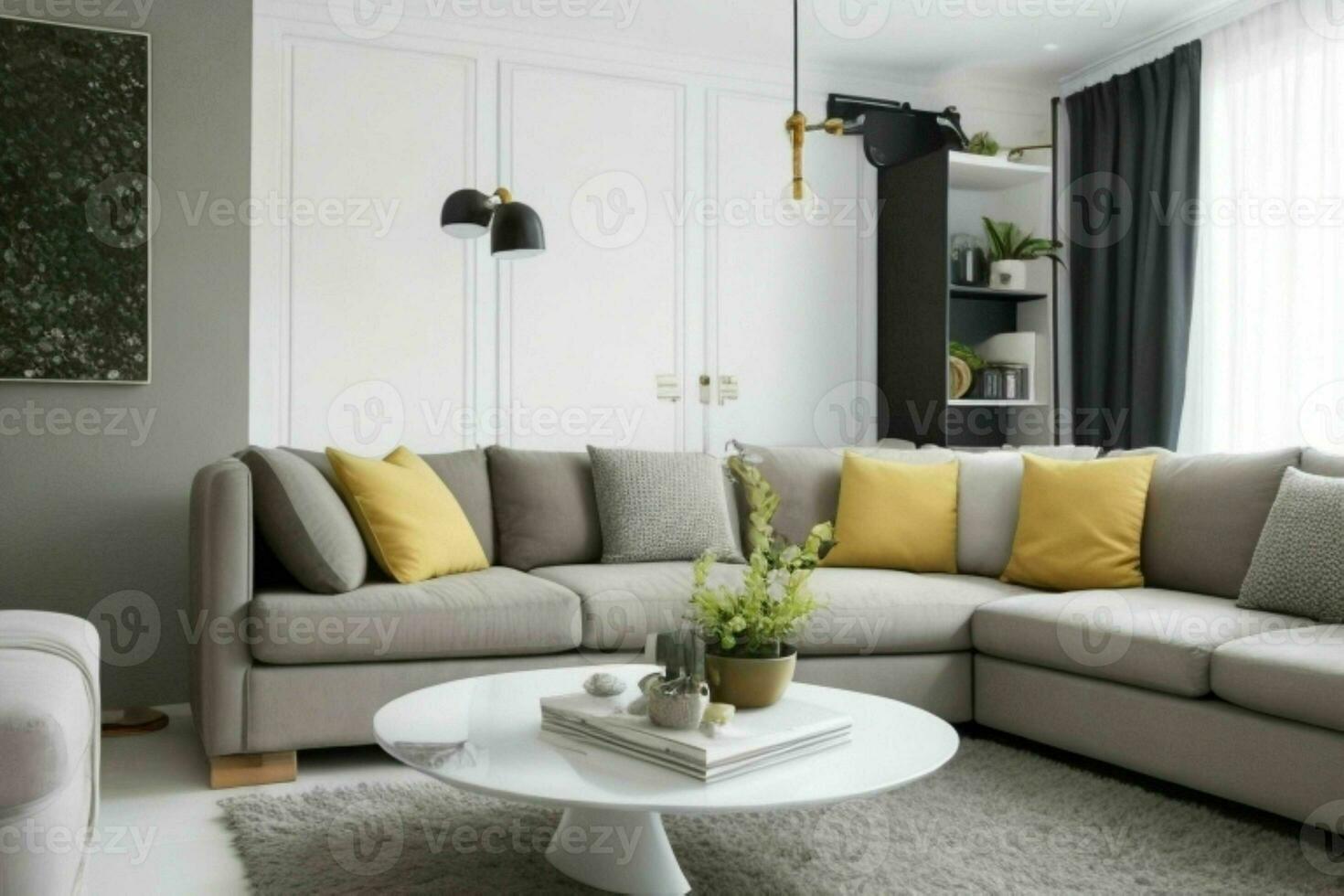 moderno vivo habitación diseño con cómodo sofá y elegante decoración foto