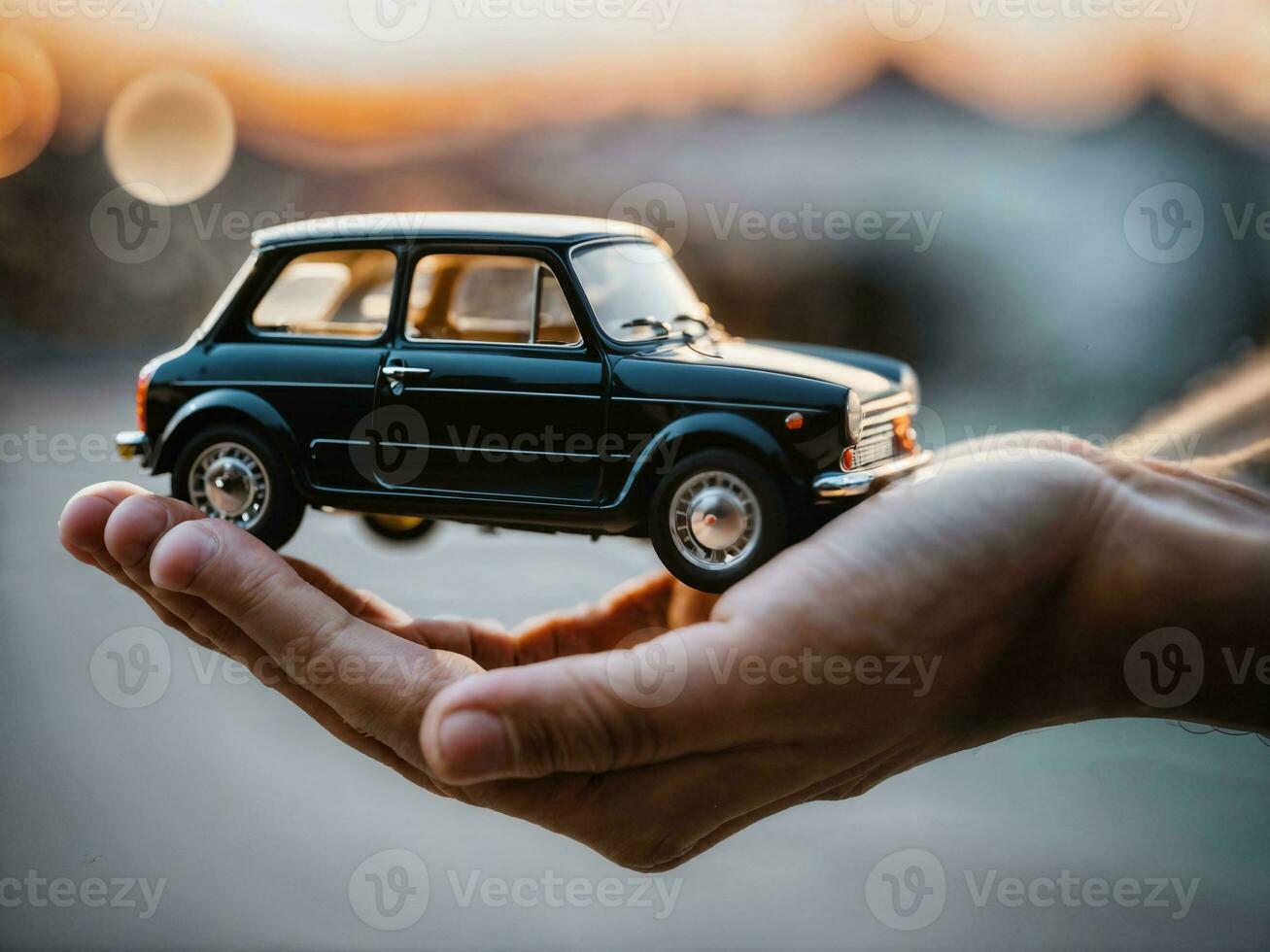 photo of close up hand holding mini car, generative AI