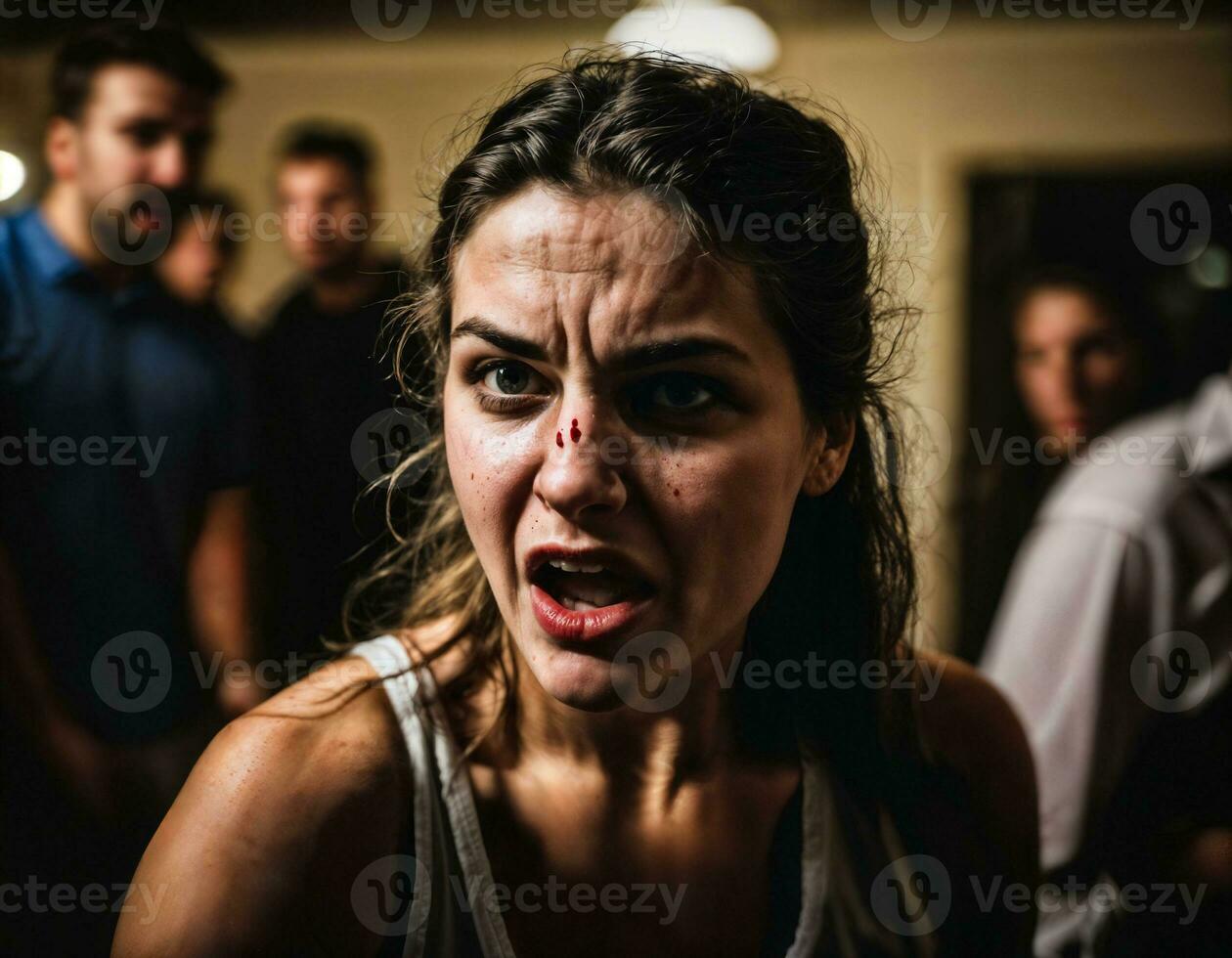 photo of rage angry teenage college girl fighting the other with wound on face, generative AI