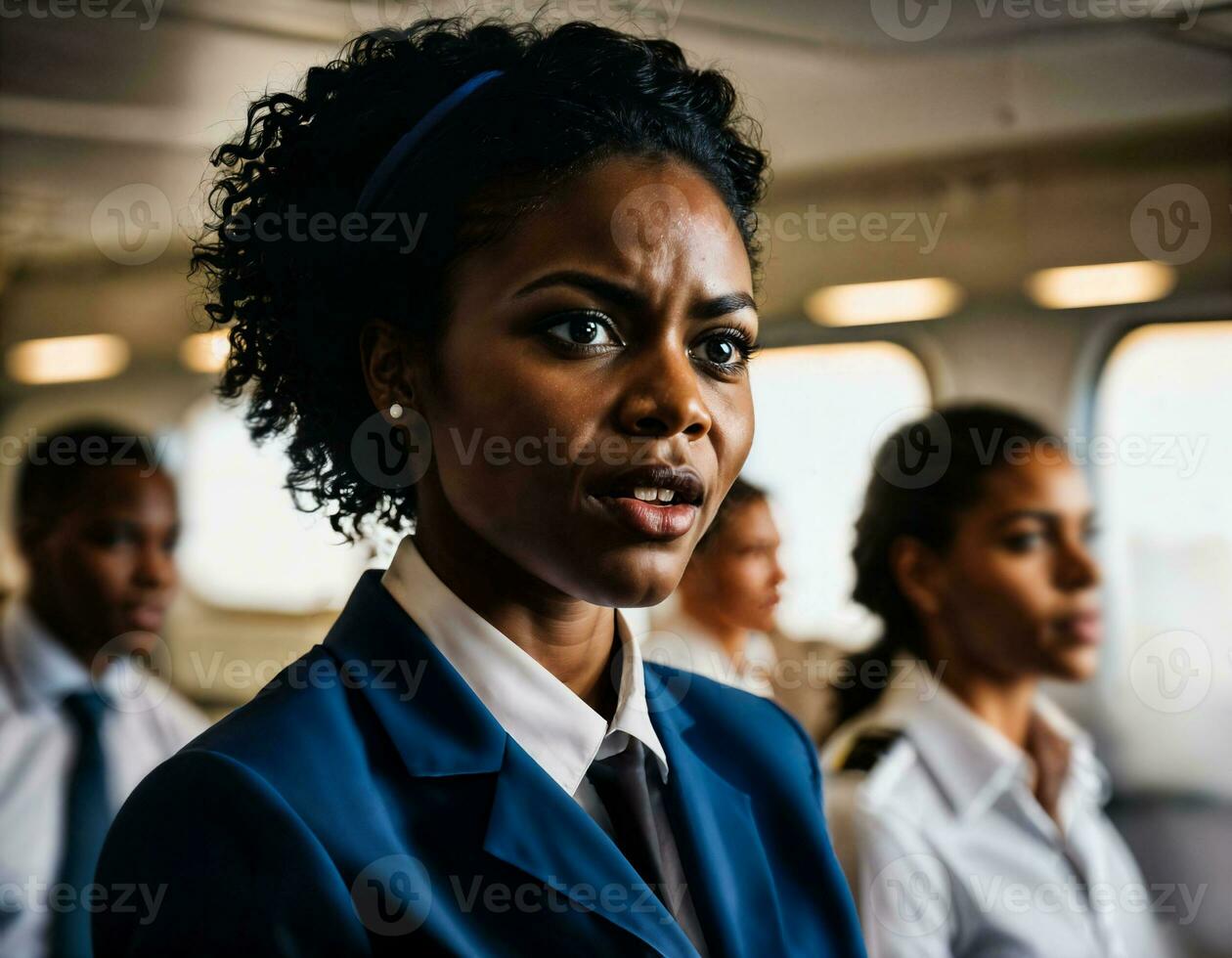 photo of rage angry black air hostess crew woman arguing the other with wound on face, generative AI