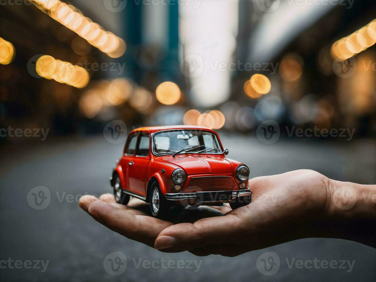 photo of close up hand holding mini car, generative AI