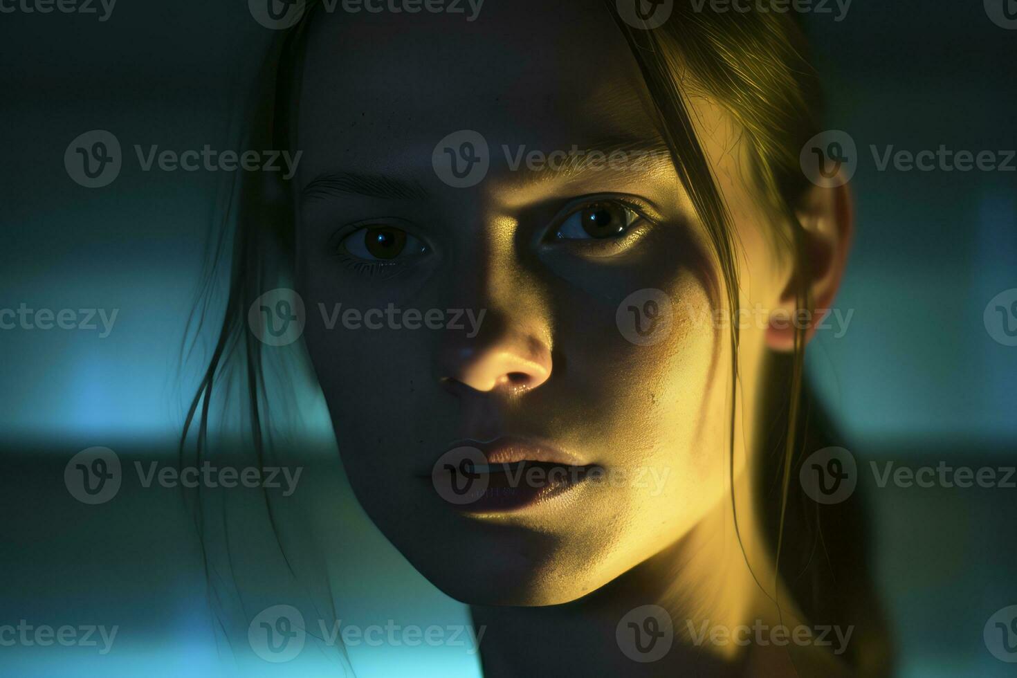 a close up of a woman in a dark room generative AI photo