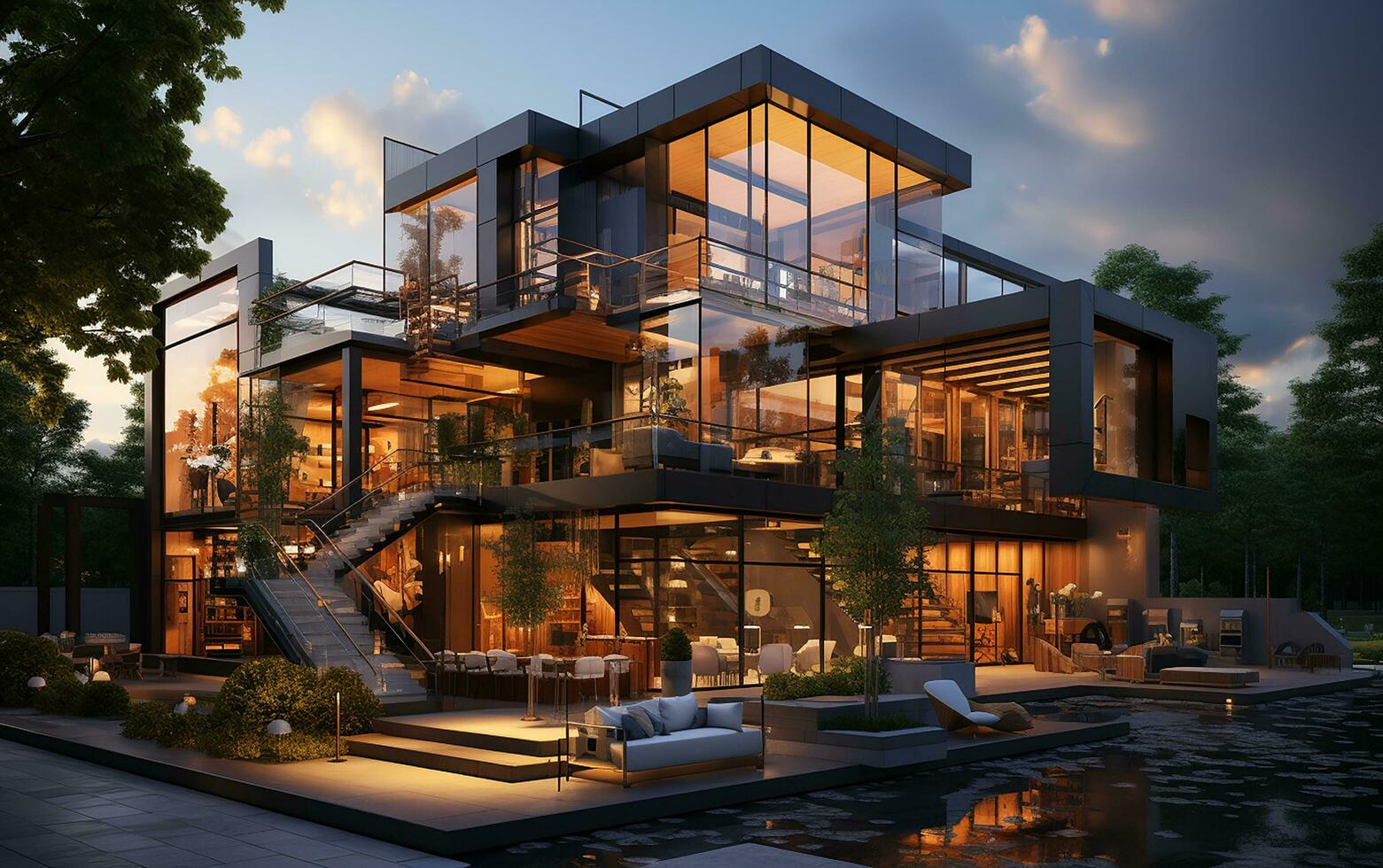 unique industrial architecture house in daylight, photo-realistic AI generative photo