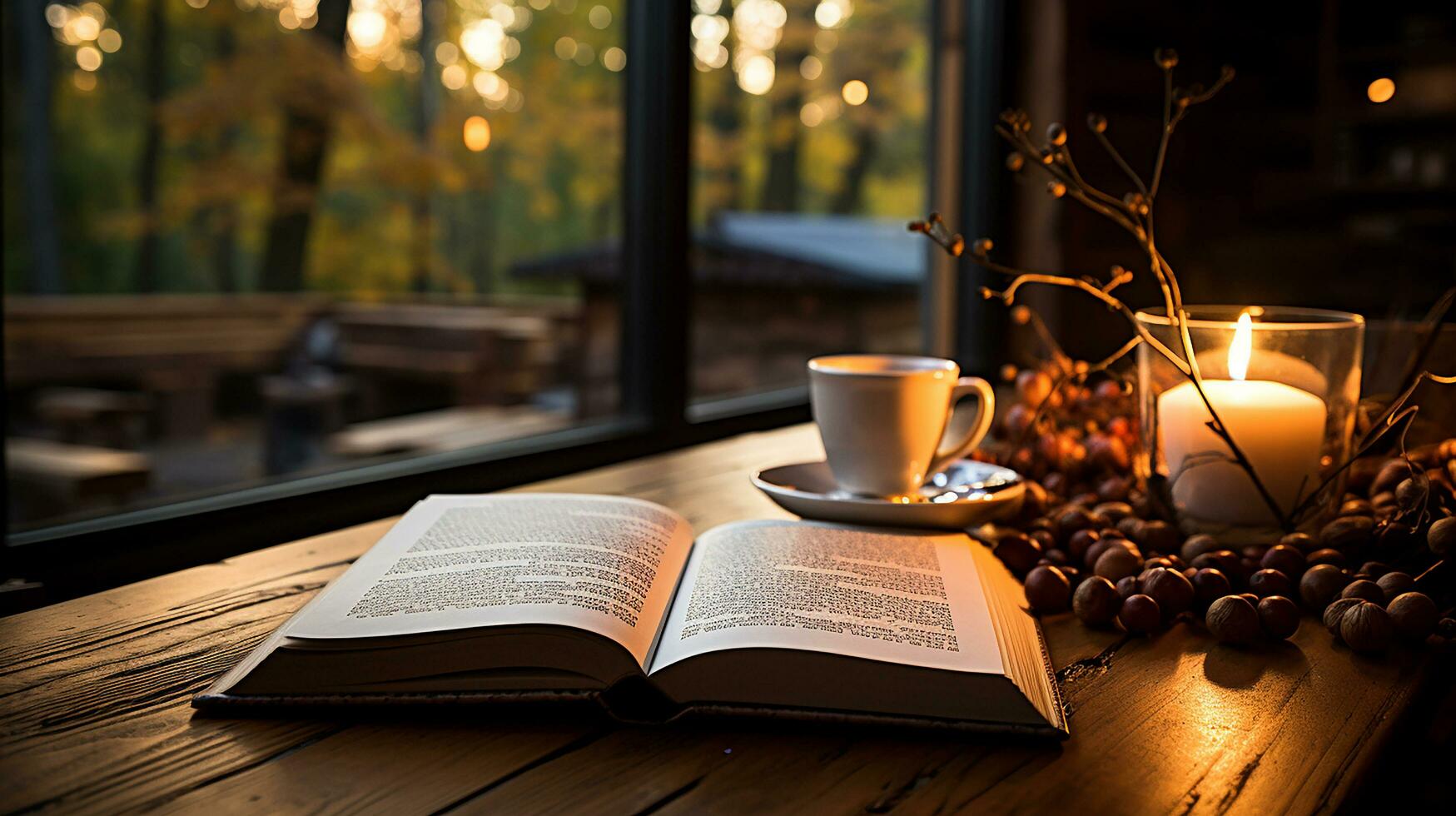 a cup of coffee with book and pen on the wooden table AI Generated photo