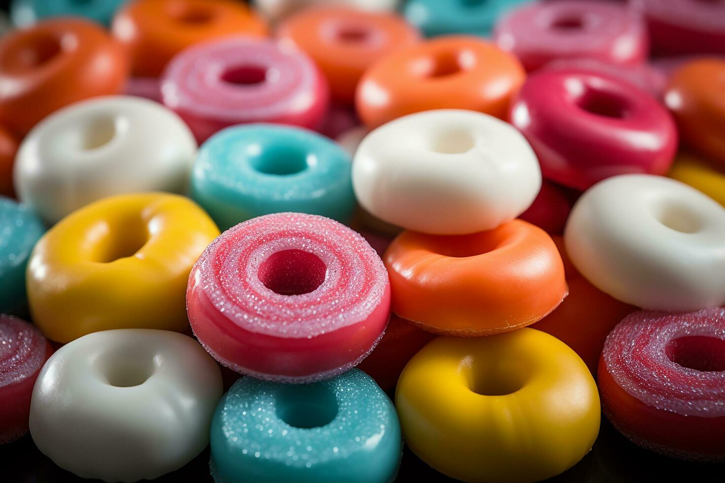 Photo-realistic of colorful candies in aerial view for background made by AI generated photo