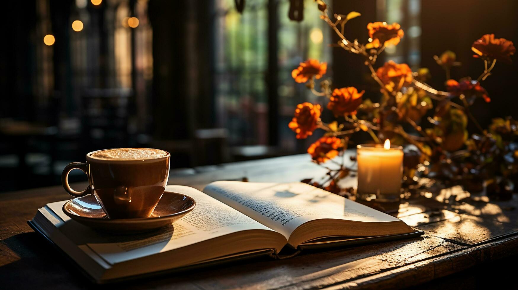 un taza de café con libro y bolígrafo en el de madera mesa ai generado foto