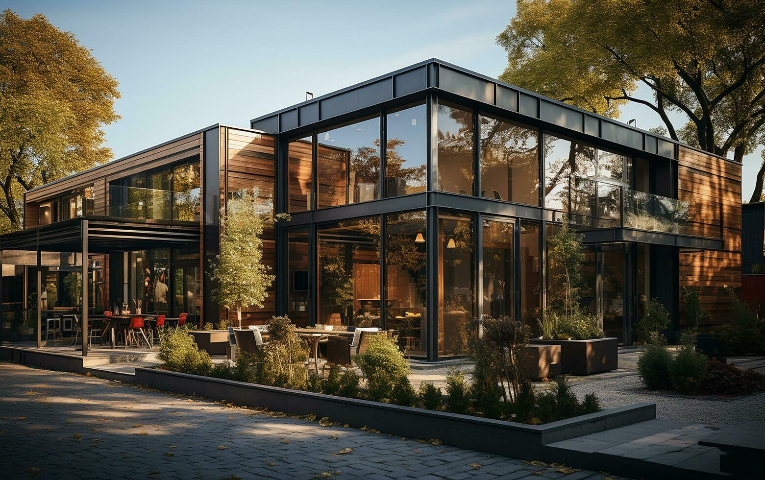 unique industrial architecture house in daylight, photo-realistic AI generative photo