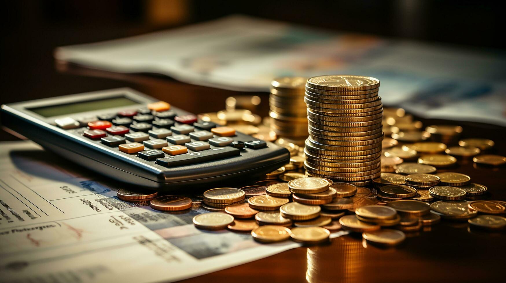photo-realistic of calculator, money and paper with graphic chart on table AI Generative photo