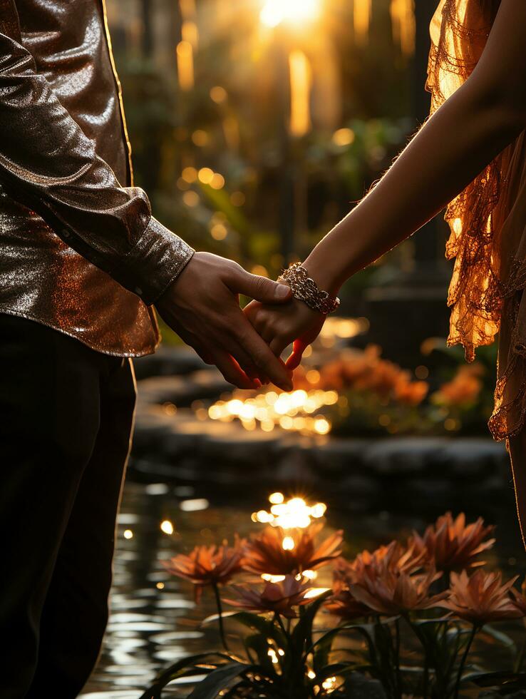 close up woman and man's hand holding to each other with park background AI generative photo