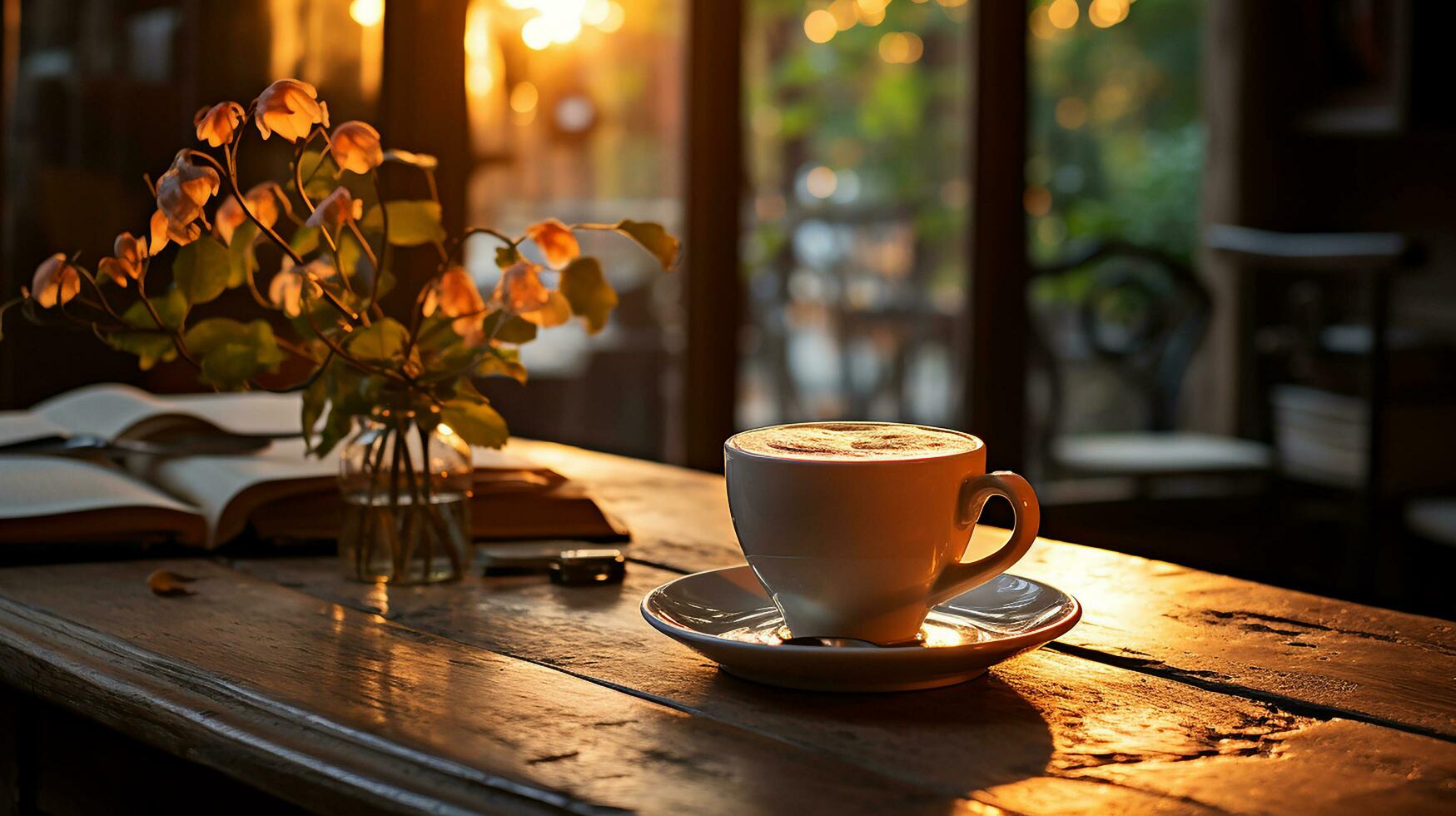 un taza de café con libro y bolígrafo en el de madera mesa ai generado foto