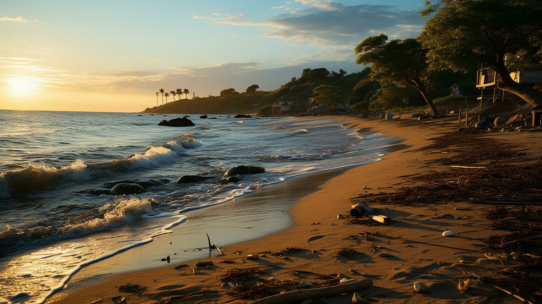 photo-realistic of dirty beach at afternoon with so much garbage AI generated photo