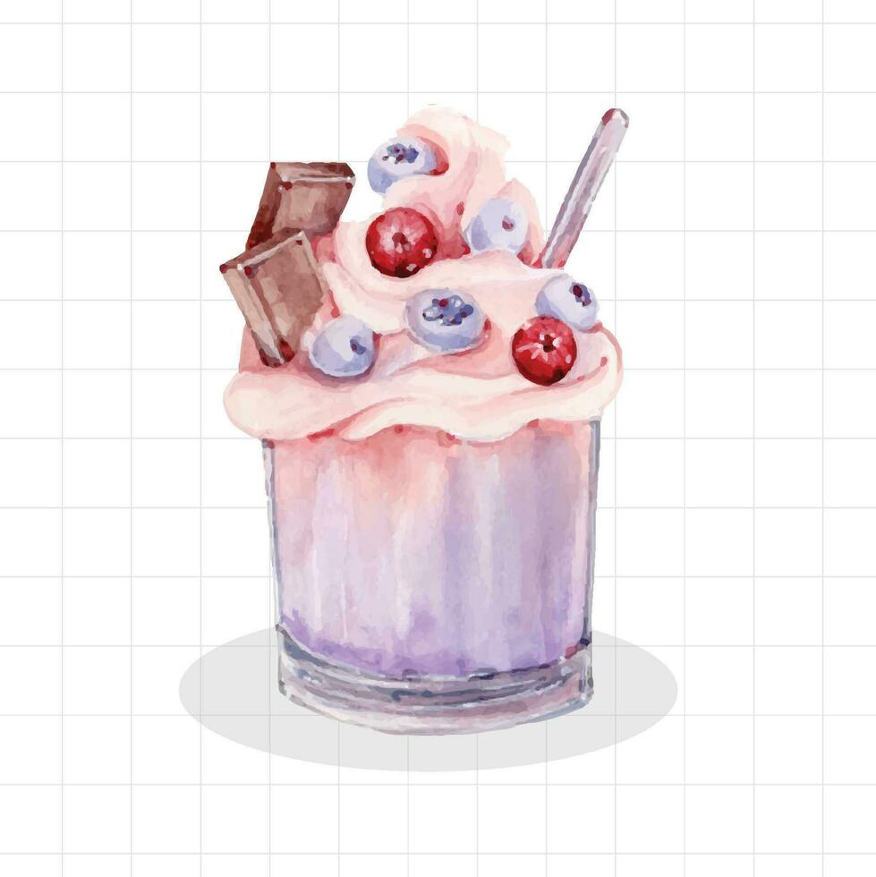 a watercolor illustration of a milkshake with berries and chocolate vector