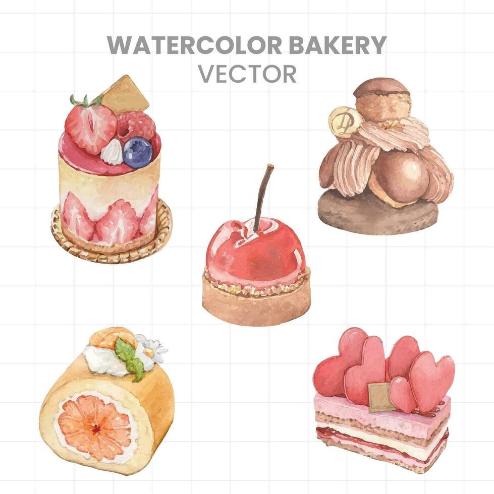 watercolor bakery vector set of cake, cupcake, and berry