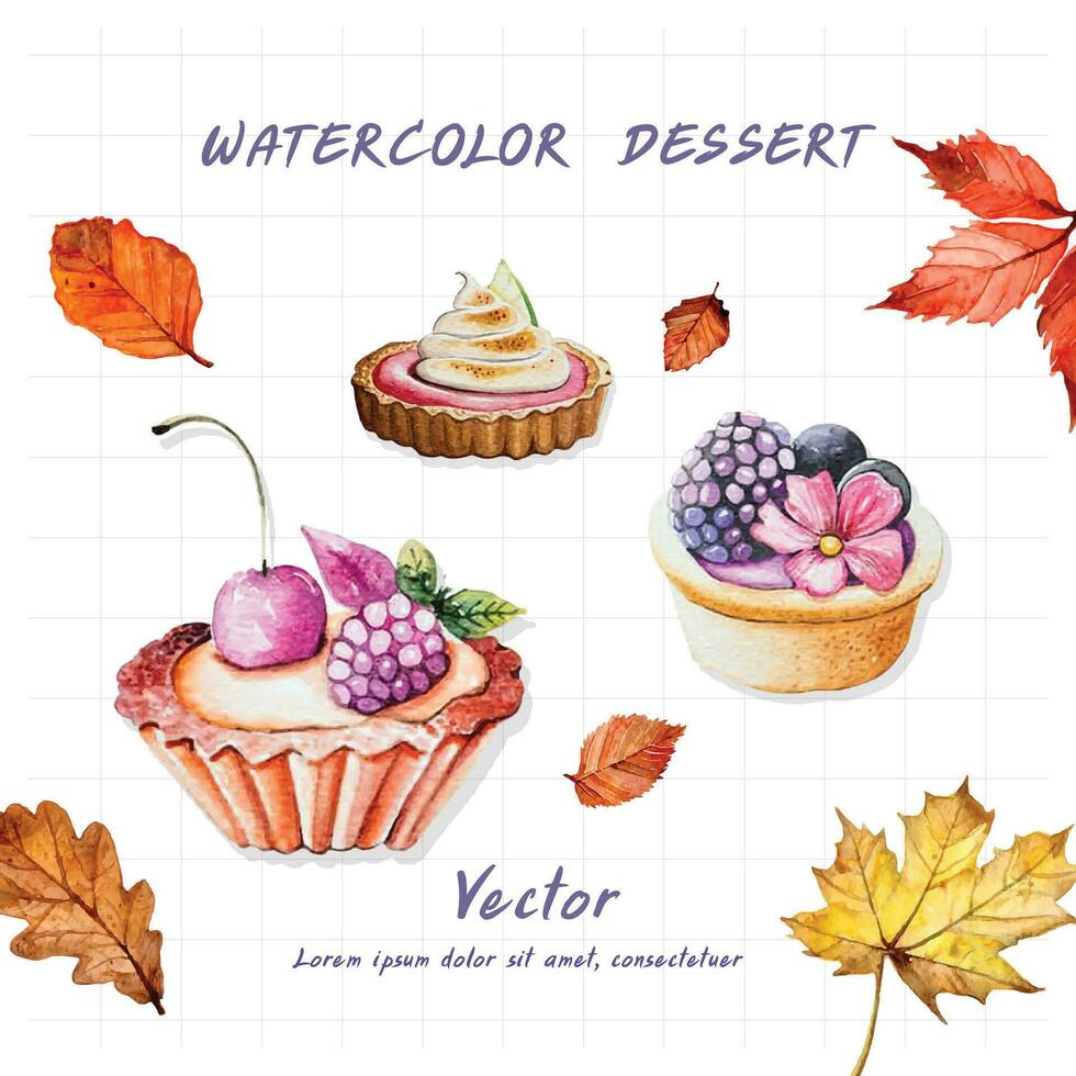 watercolor dessert set with berries, cherries and berries vector