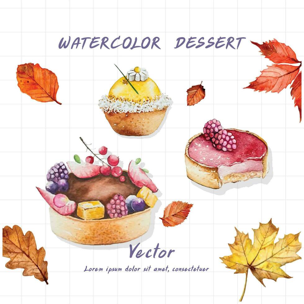 watercolor dessert set with berries, cherries and berries vector