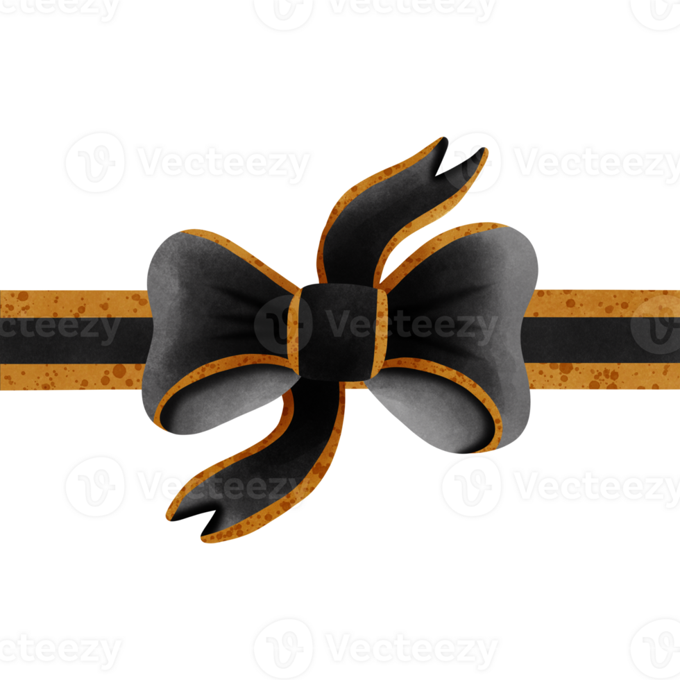 Black ribbon bow with gold stripes isolated on transparent background png
