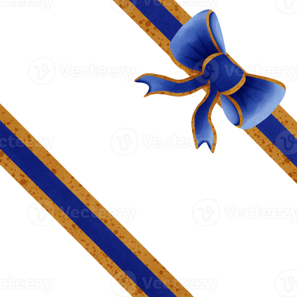 Blue ribbon bow with gold stripes isolated on transparent background png