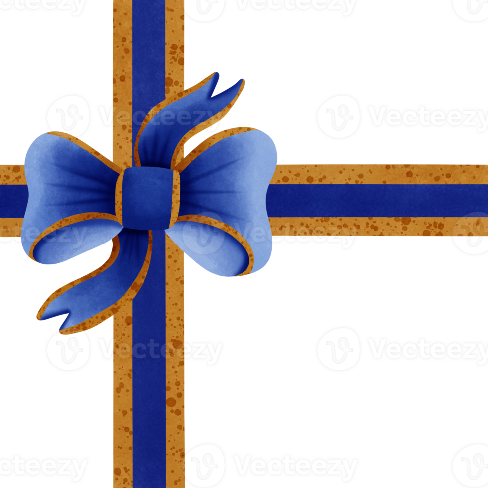 Blue ribbon bow with gold stripes isolated on transparent background png