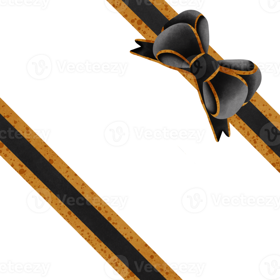 Black ribbon bow with gold stripes isolated on transparent background png