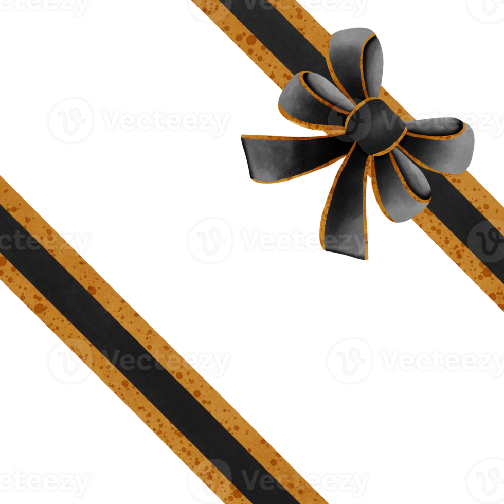 Black ribbon bow with gold stripes isolated on transparent background png