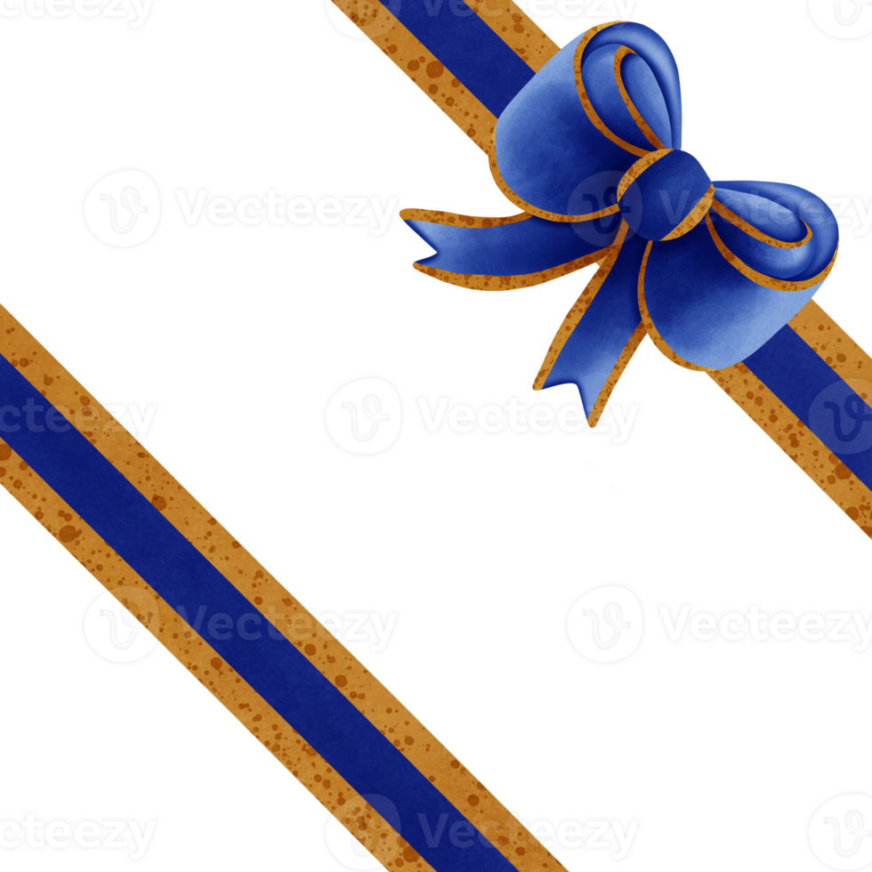 Blue ribbon bow with gold stripes isolated on transparent background png