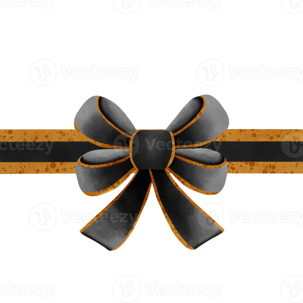 Black ribbon bow with gold stripes isolated on transparent background png