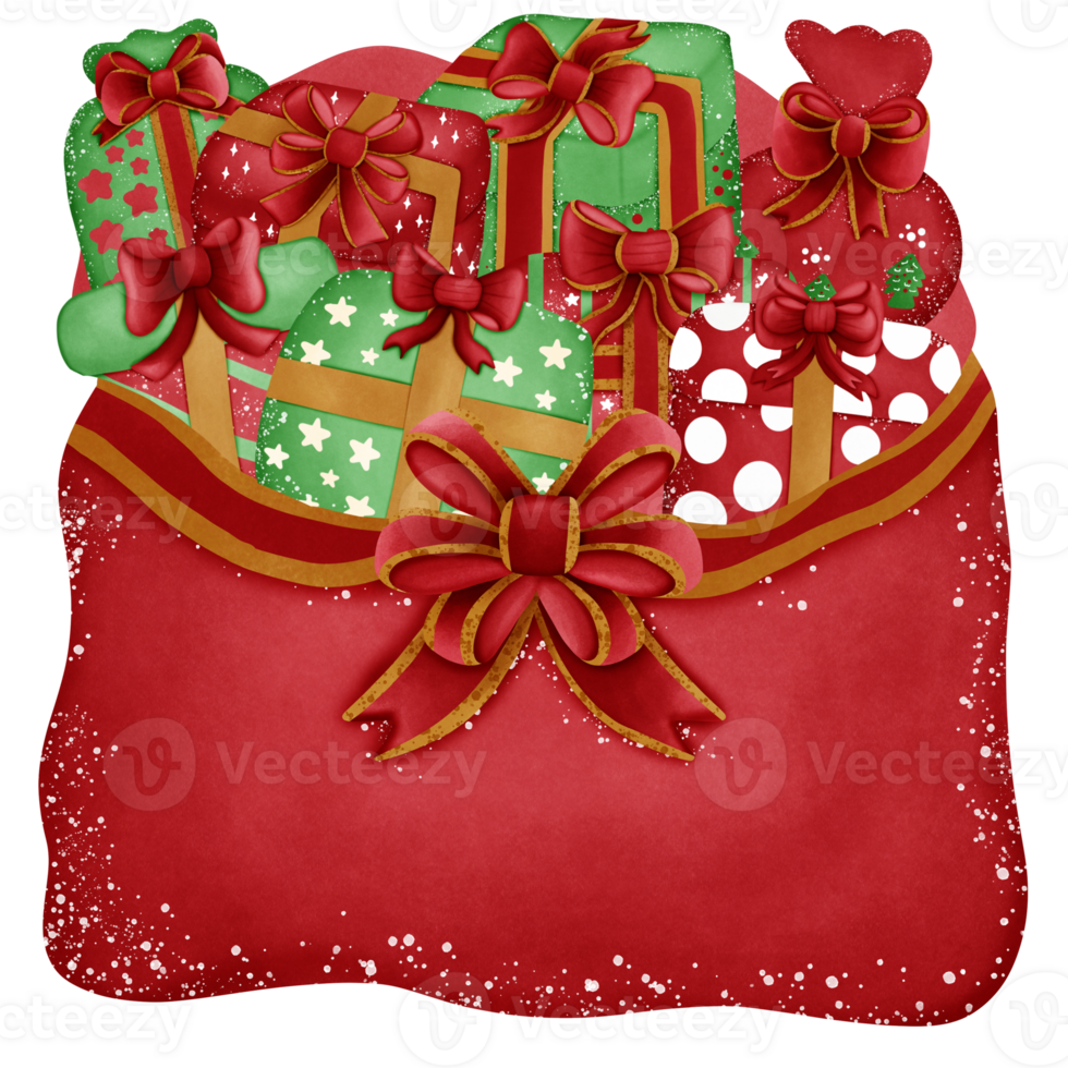 Christmas new year gift box in bag with red bow gold stripe and ribbon isolated on transparent background png