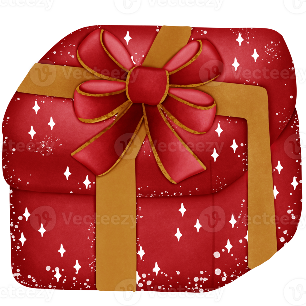 Christmas new year gift box with red bow gold stripe and ribbon isolated on transparent background png