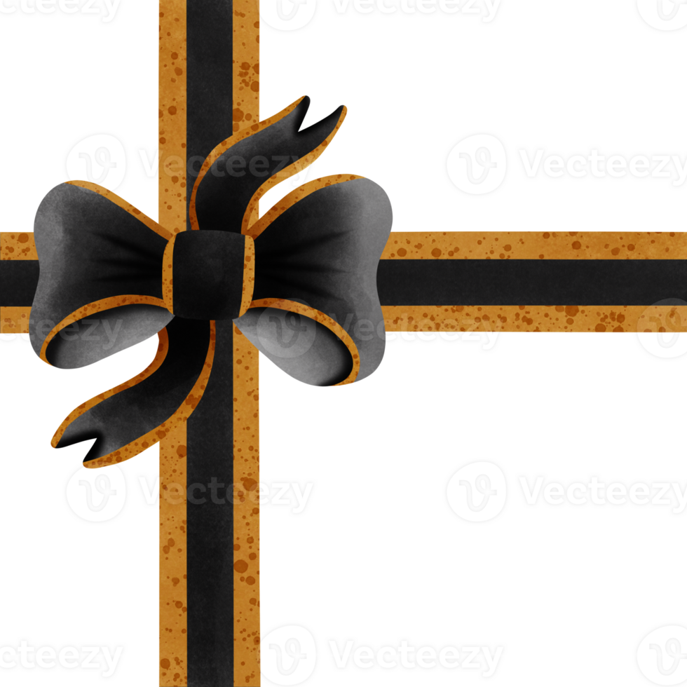 Black ribbon bow with gold stripes isolated on transparent background png