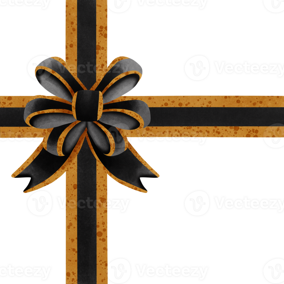 Black ribbon bow with gold stripes isolated on transparent background png