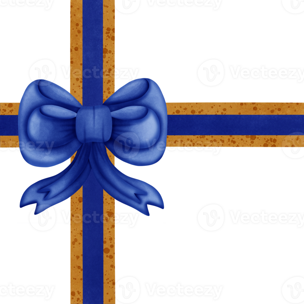 Blue ribbon bow with gold stripes isolated on transparent background png