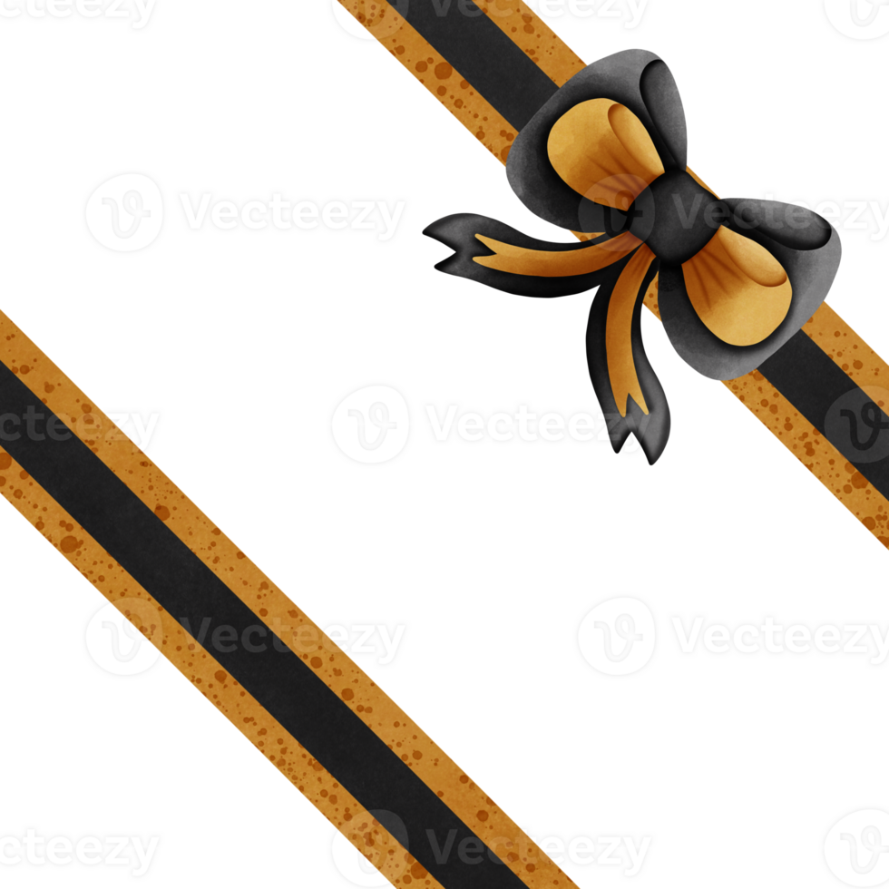 Black ribbon bow with gold stripes isolated on transparent background png
